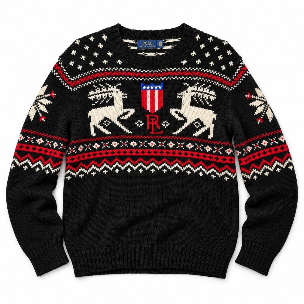 Polo Ralph Lauren Reindeer Fair Isle Sweater Mens Large Black Cotton Cashmere